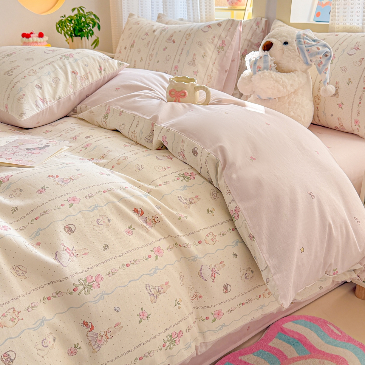 91家纺网 家纺一手货源 找家纺 呗旺鹿 2026新款全棉40支12868田园卡通小清新系列四件套 L红茶兔兔