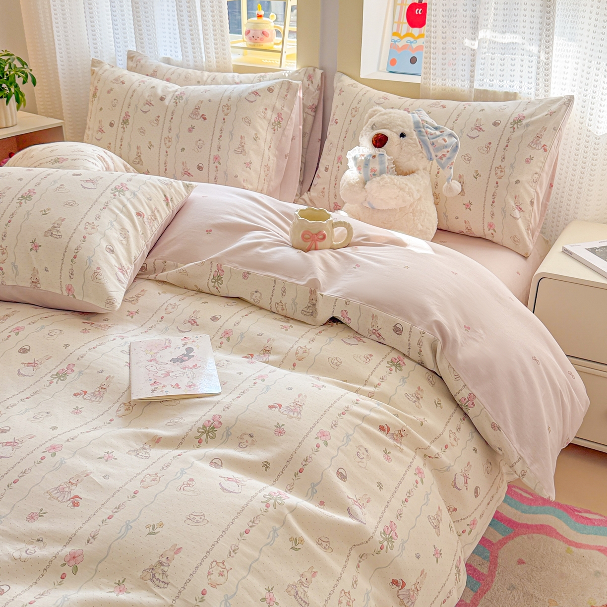 91家纺网 家纺一手货源 找家纺 呗旺鹿 2026新款全棉40支12868田园卡通小清新系列四件套 L红茶兔兔