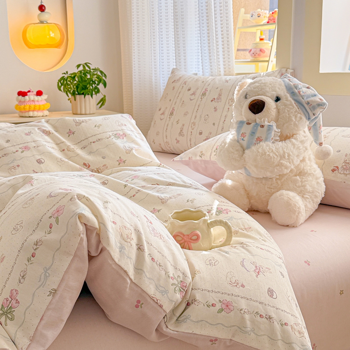 91家纺网 家纺一手货源 找家纺 呗旺鹿 2026新款全棉40支12868田园卡通小清新系列四件套 L红茶兔兔