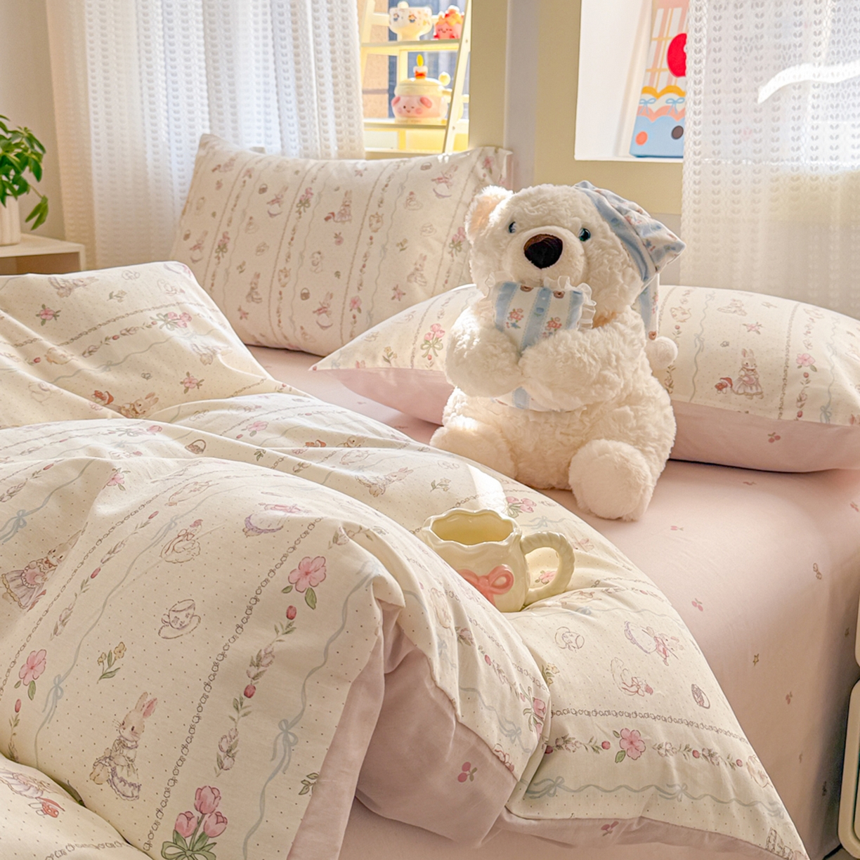 91家纺网 家纺一手货源 找家纺 呗旺鹿 2026新款全棉40支12868田园卡通小清新系列四件套 L红茶兔兔