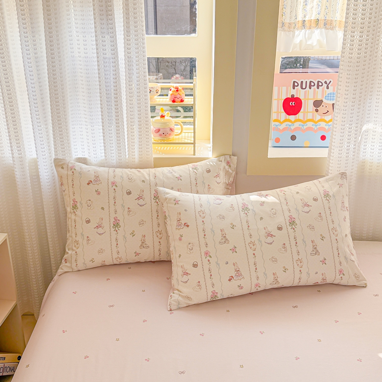 91家纺网 家纺一手货源 找家纺 呗旺鹿 2026新款全棉40支12868田园卡通小清新系列四件套 L红茶兔兔