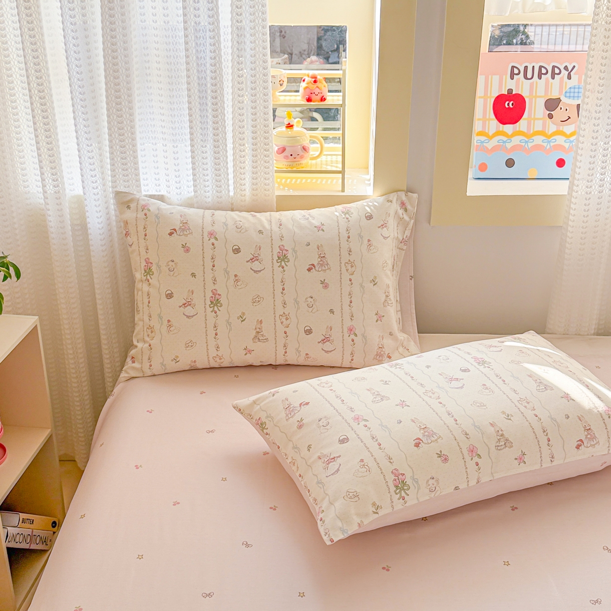 91家纺网 家纺一手货源 找家纺 呗旺鹿 2026新款全棉40支12868田园卡通小清新系列四件套 L红茶兔兔