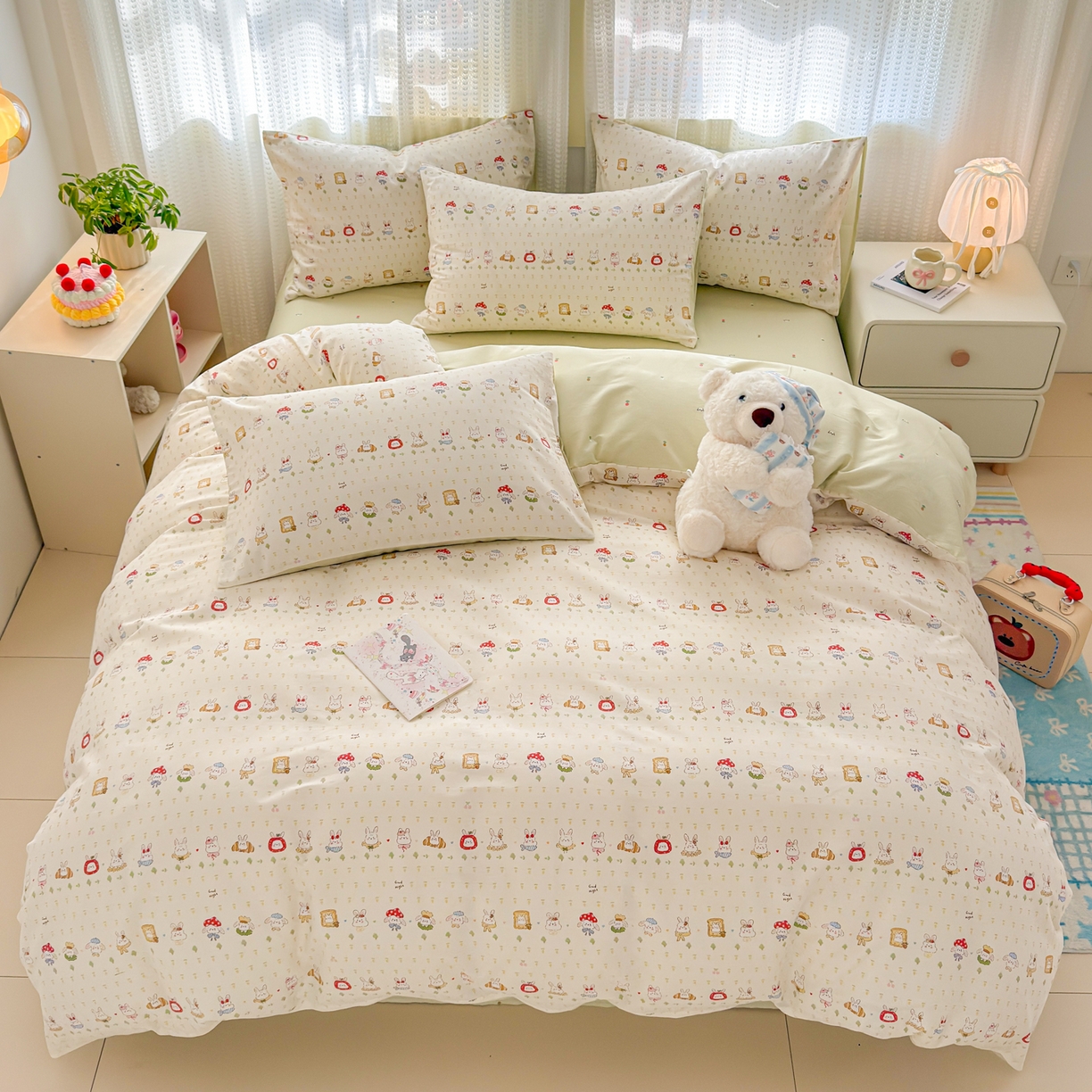 91家纺网 家纺一手货源 找家纺 呗旺鹿 2026新款全棉40支12868田园卡通小清新系列四件套 L欧包小奶兔