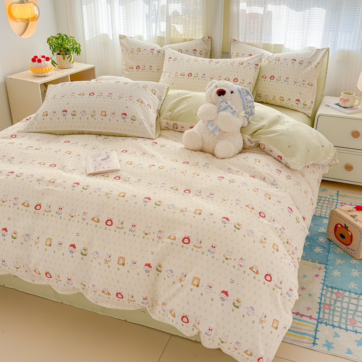 91家纺网 家纺一手货源 找家纺 呗旺鹿 2026新款全棉40支12868田园卡通小清新系列四件套 L欧包小奶兔