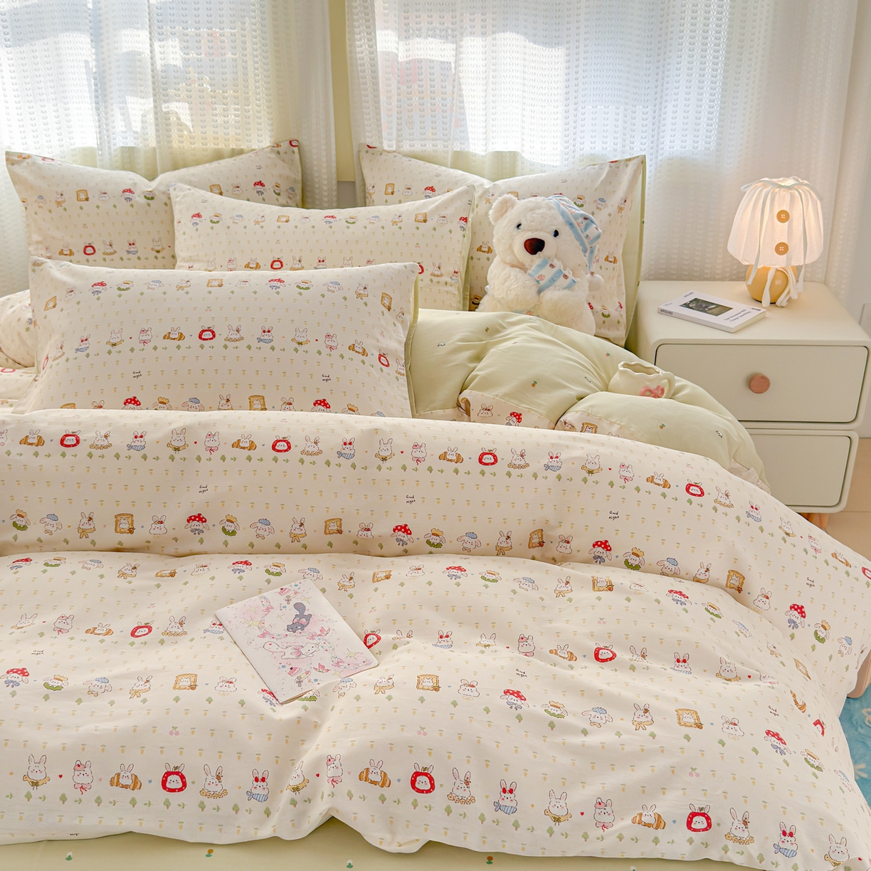 91家纺网 家纺一手货源 找家纺 呗旺鹿 2026新款全棉40支12868田园卡通小清新系列四件套 L欧包小奶兔