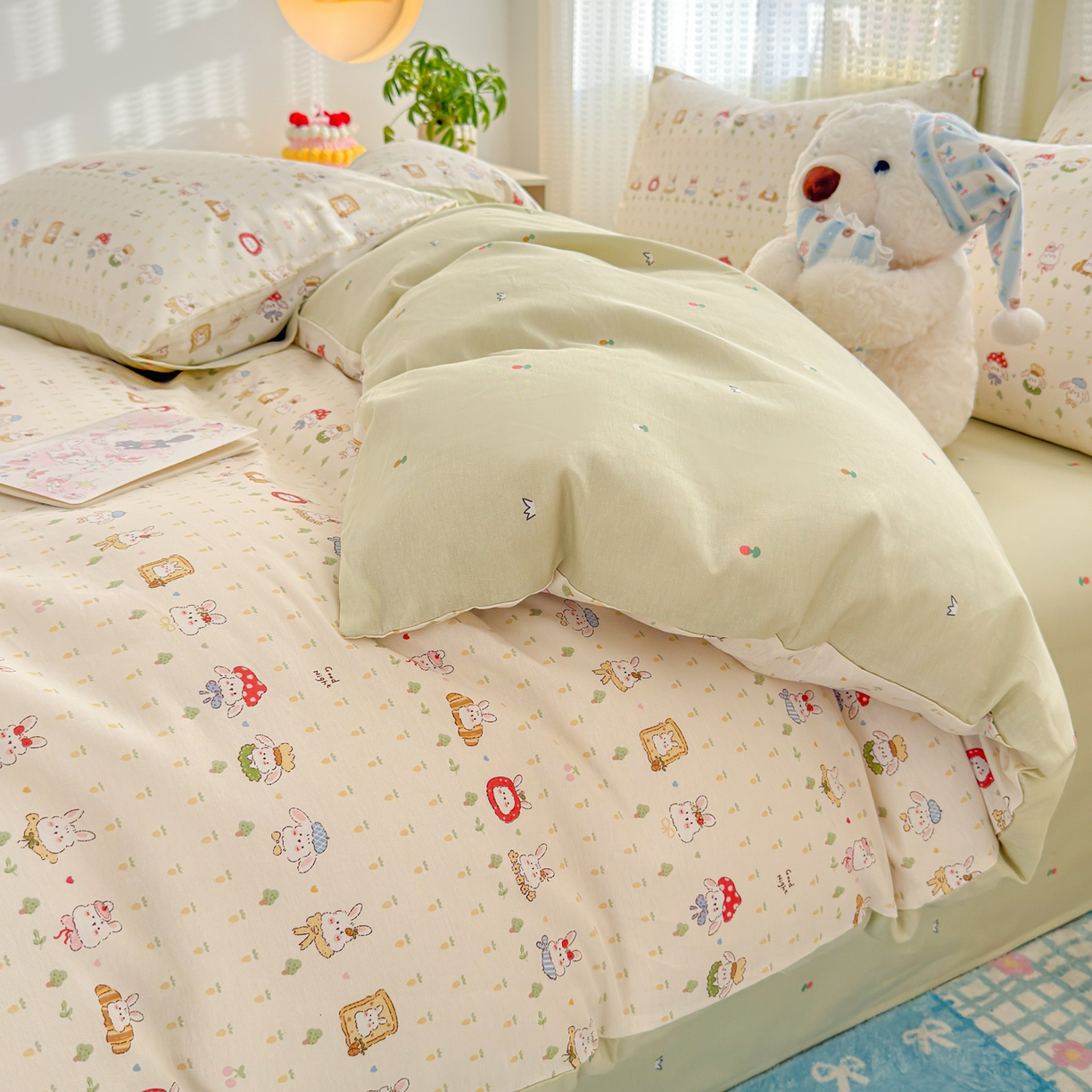 91家纺网 家纺一手货源 找家纺 呗旺鹿 2026新款全棉40支12868田园卡通小清新系列四件套 L欧包小奶兔