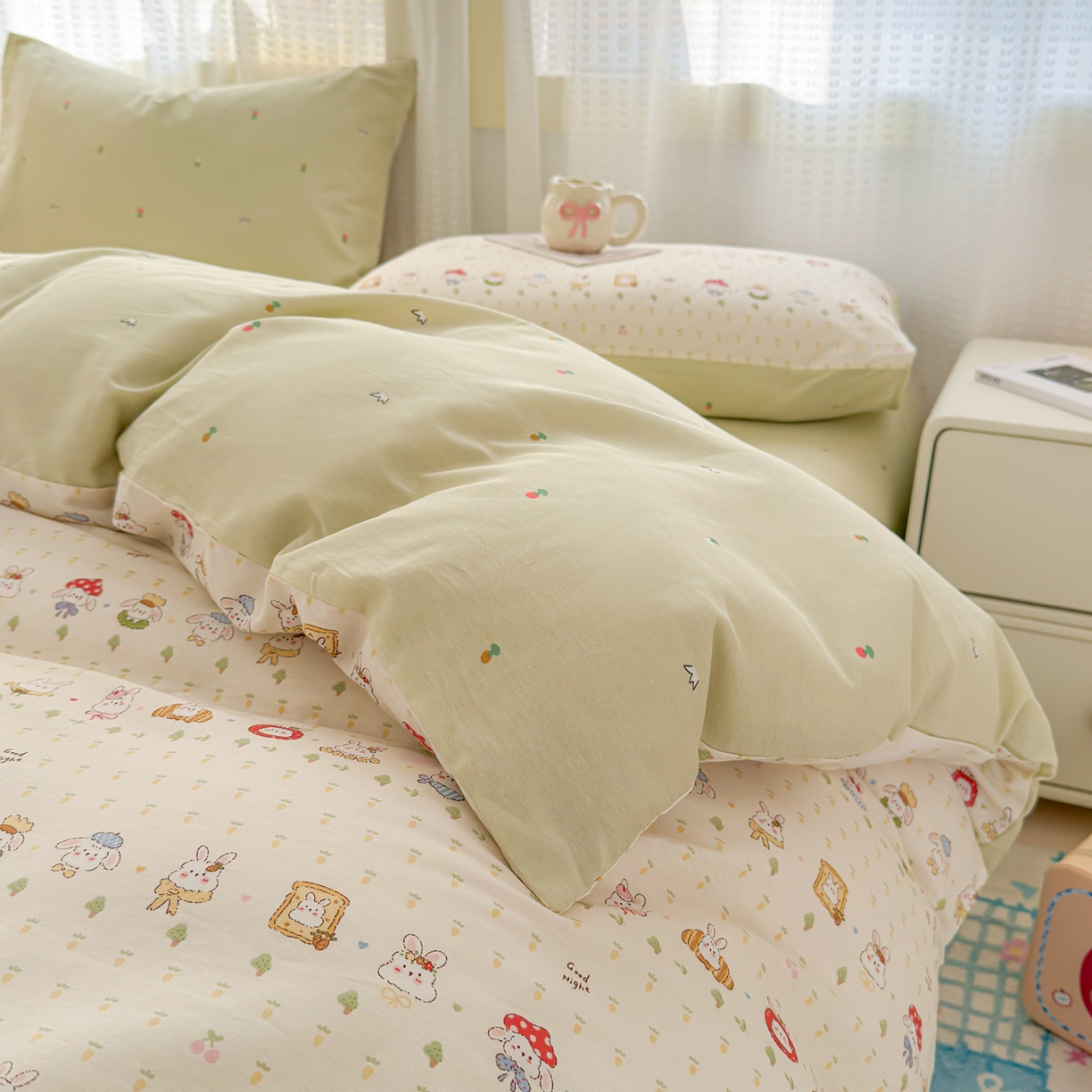 91家纺网 家纺一手货源 找家纺 呗旺鹿 2026新款全棉40支12868田园卡通小清新系列四件套 L欧包小奶兔