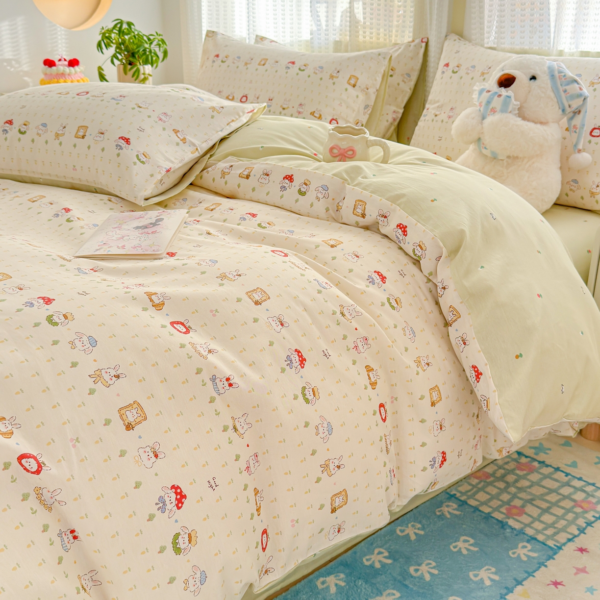 91家纺网 家纺一手货源 找家纺 呗旺鹿 2026新款全棉40支12868田园卡通小清新系列四件套 L欧包小奶兔