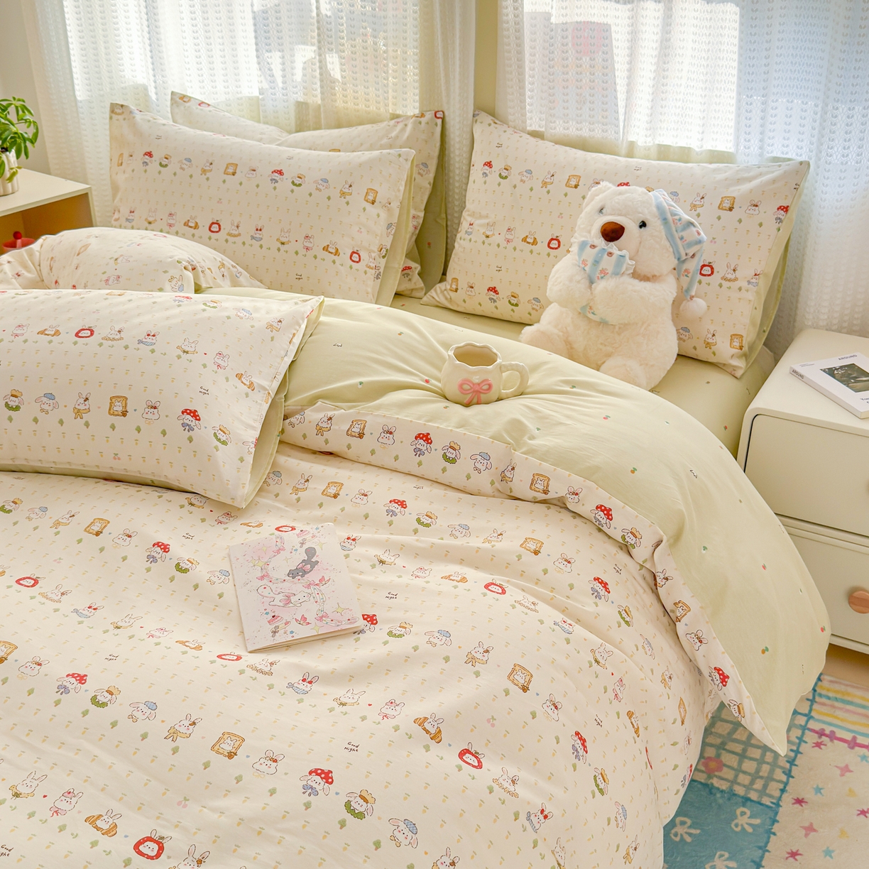 91家纺网 家纺一手货源 找家纺 呗旺鹿 2026新款全棉40支12868田园卡通小清新系列四件套 L欧包小奶兔