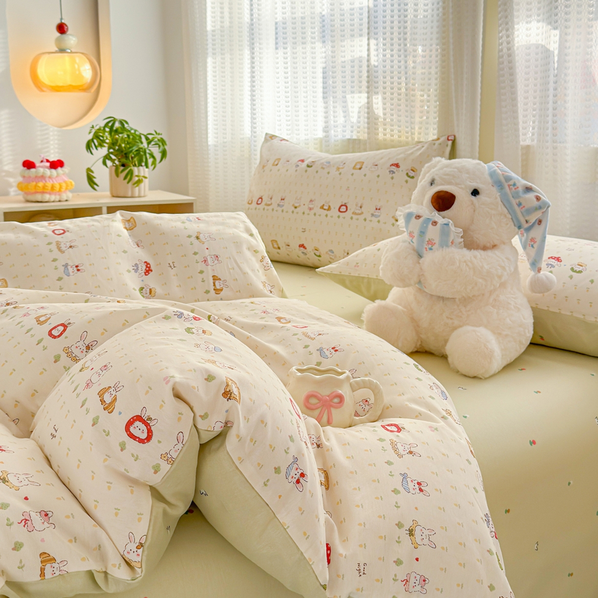 91家纺网 家纺一手货源 找家纺 呗旺鹿 2026新款全棉40支12868田园卡通小清新系列四件套 L欧包小奶兔