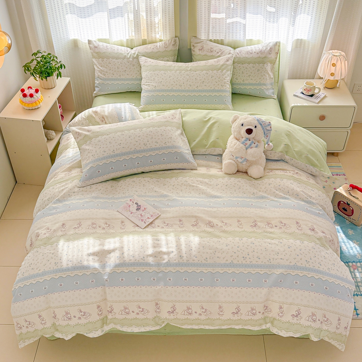 91家纺网 家纺一手货源 找家纺 呗旺鹿 2026新款全棉40支12868田园卡通小清新系列四件套 L浅糖兔叽