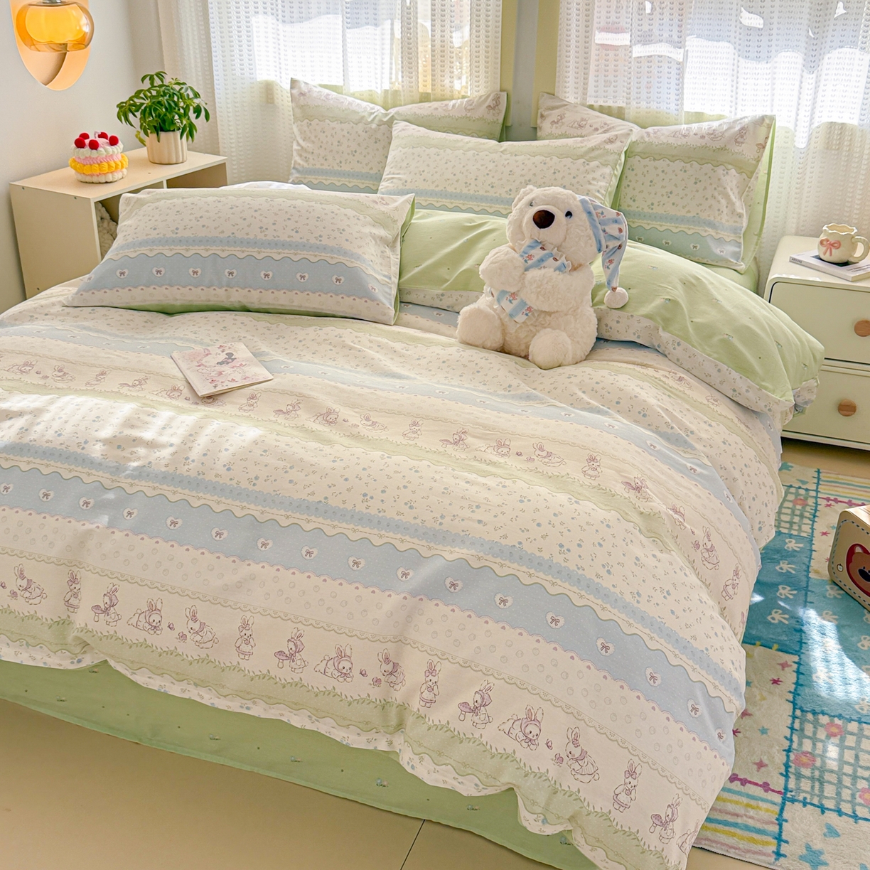 91家纺网 家纺一手货源 找家纺 呗旺鹿 2026新款全棉40支12868田园卡通小清新系列四件套 L浅糖兔叽