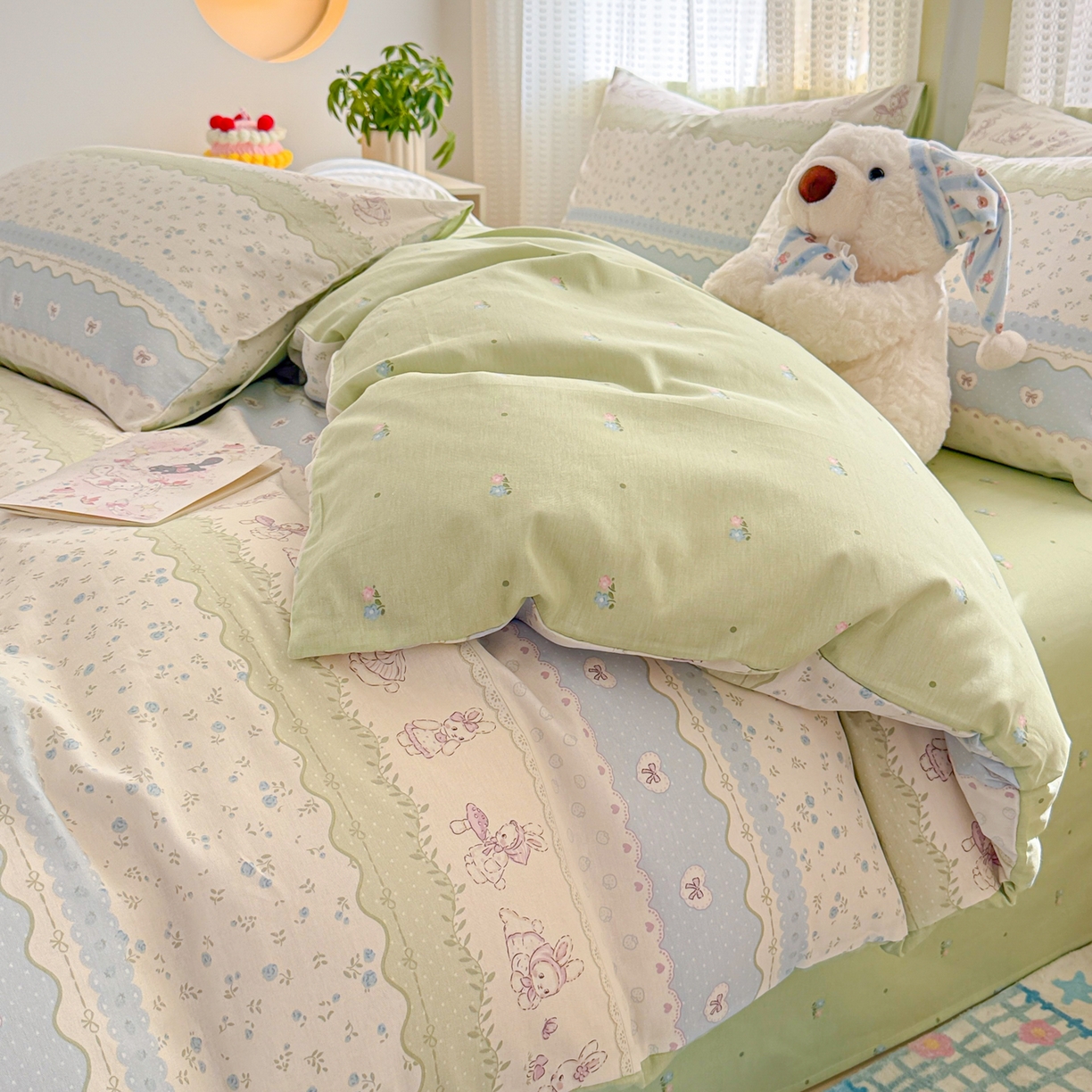 91家纺网 家纺一手货源 找家纺 呗旺鹿 2026新款全棉40支12868田园卡通小清新系列四件套 L浅糖兔叽