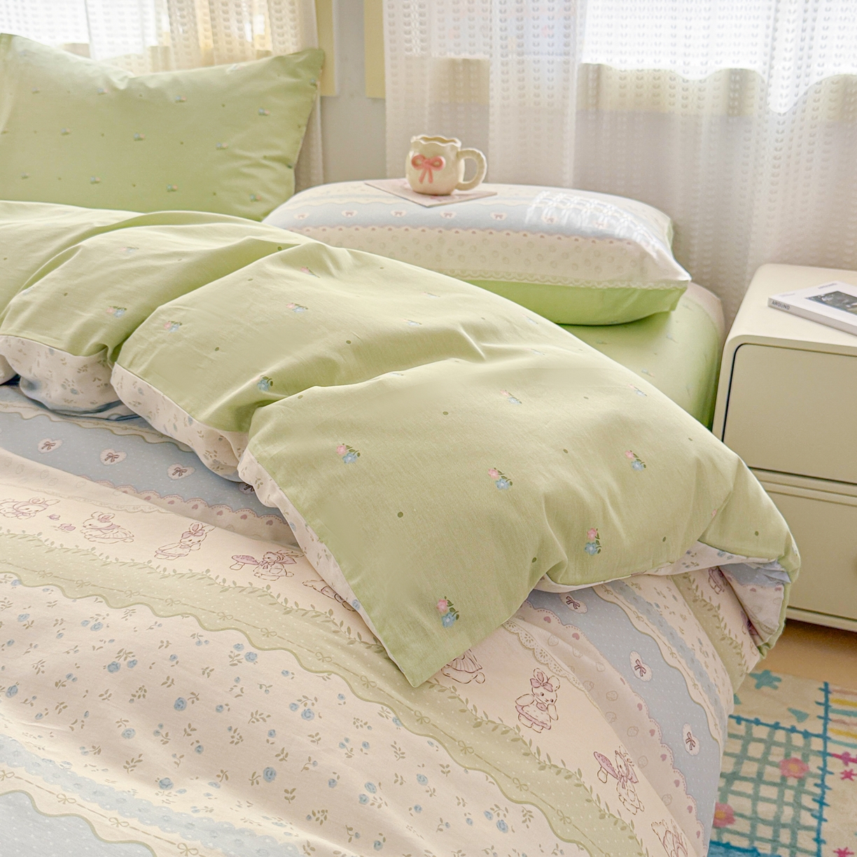 91家纺网 家纺一手货源 找家纺 呗旺鹿 2026新款全棉40支12868田园卡通小清新系列四件套 L浅糖兔叽