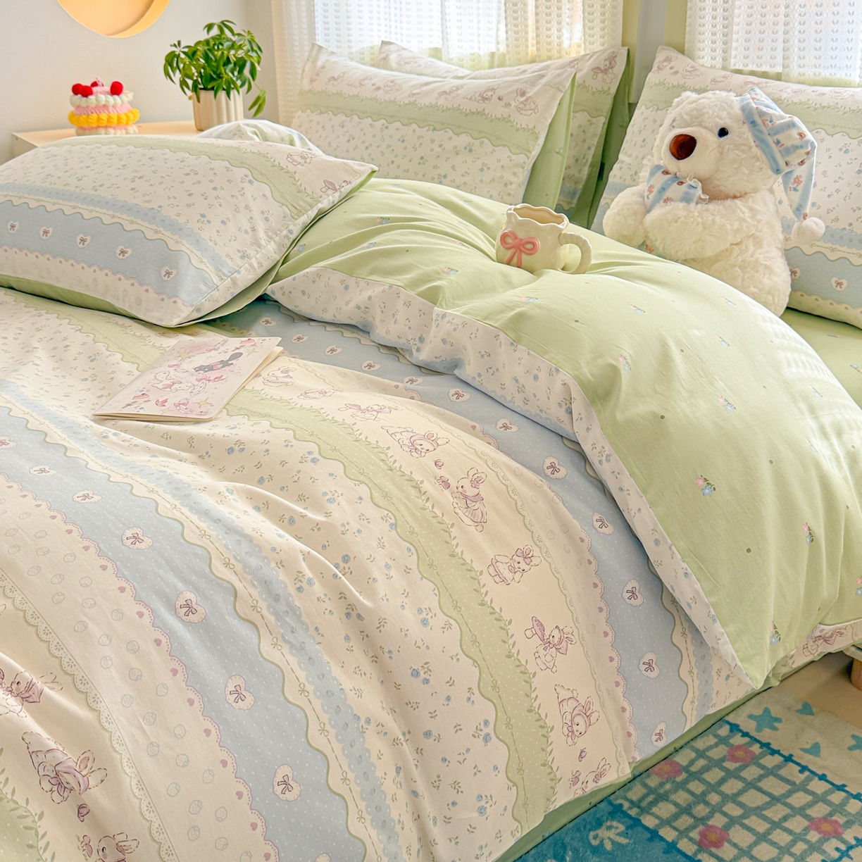 91家纺网 家纺一手货源 找家纺 呗旺鹿 2026新款全棉40支12868田园卡通小清新系列四件套 L浅糖兔叽