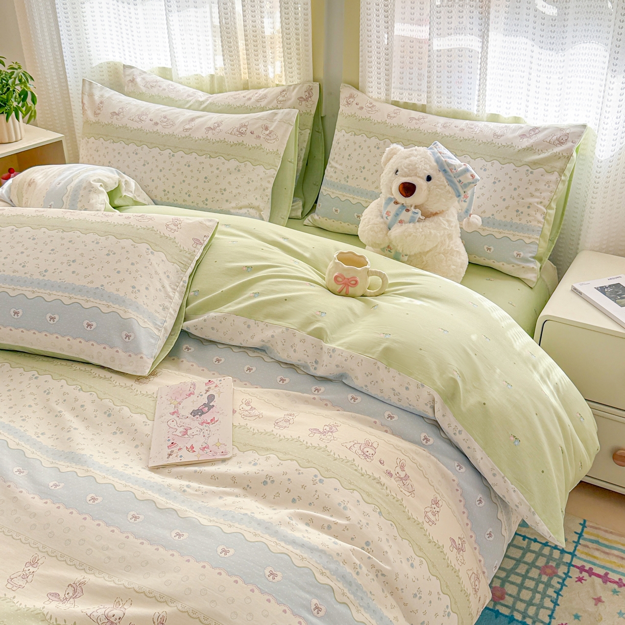 91家纺网 家纺一手货源 找家纺 呗旺鹿 2026新款全棉40支12868田园卡通小清新系列四件套 L浅糖兔叽