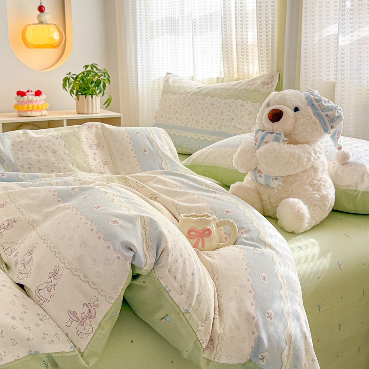 91家纺网 家纺一手货源 找家纺 呗旺鹿 2026新款全棉40支12868田园卡通小清新系列四件套 L浅糖兔叽