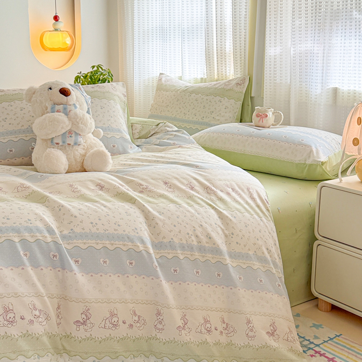 91家纺网 家纺一手货源 找家纺 呗旺鹿 2026新款全棉40支12868田园卡通小清新系列四件套 L浅糖兔叽