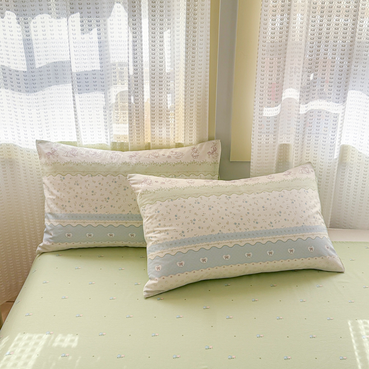 91家纺网 家纺一手货源 找家纺 呗旺鹿 2026新款全棉40支12868田园卡通小清新系列四件套 L浅糖兔叽