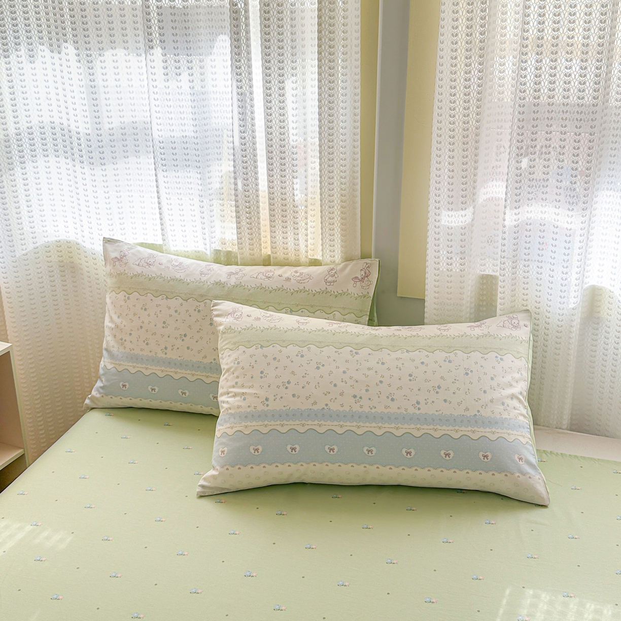 91家纺网 家纺一手货源 找家纺 呗旺鹿 2026新款全棉40支12868田园卡通小清新系列四件套 L浅糖兔叽