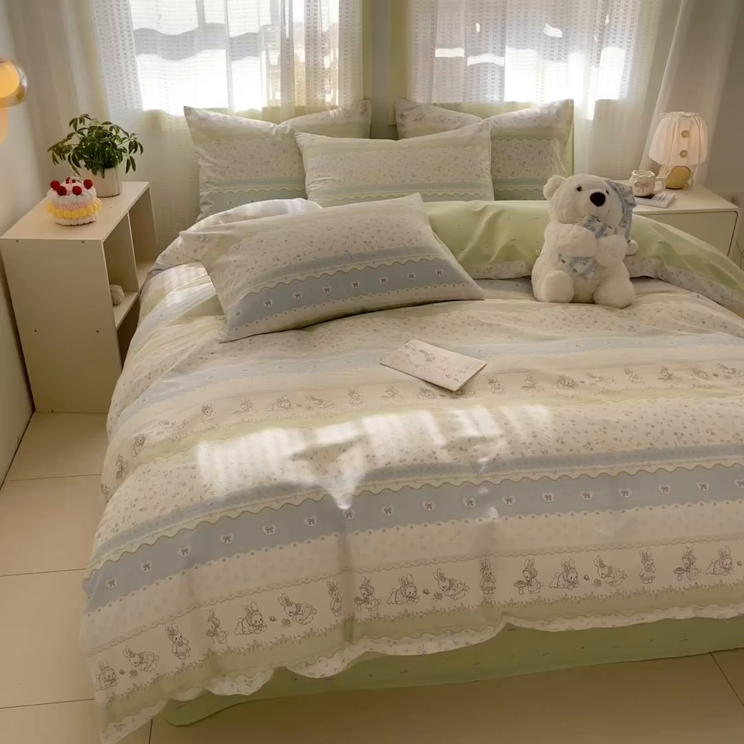91家纺网 家纺一手货源 找家纺 呗旺鹿 2026新款全棉40支12868田园卡通小清新系列四件套 L浅糖兔叽