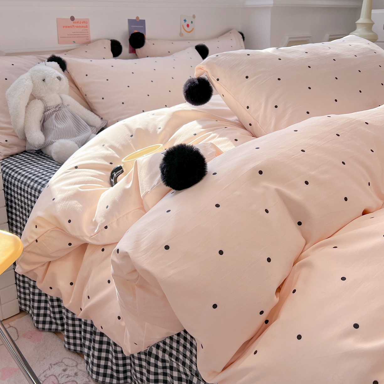 91家纺网 家纺一手货源 找家纺 （总）富米莱（原臻工厂） 2026新款水洗棉波点黑格球球绝绝子床盖床裙四裙套