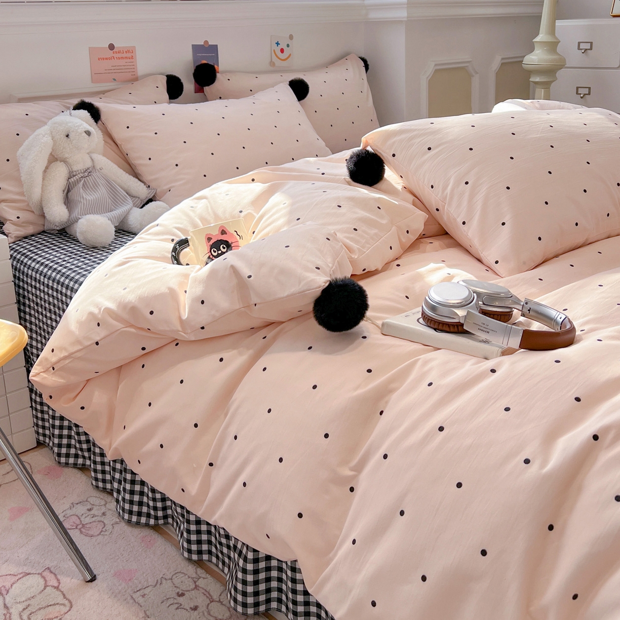 91家纺网 家纺一手货源 找家纺 （总）富米莱（原臻工厂） 2026新款水洗棉波点黑格球球绝绝子床盖床裙四裙套