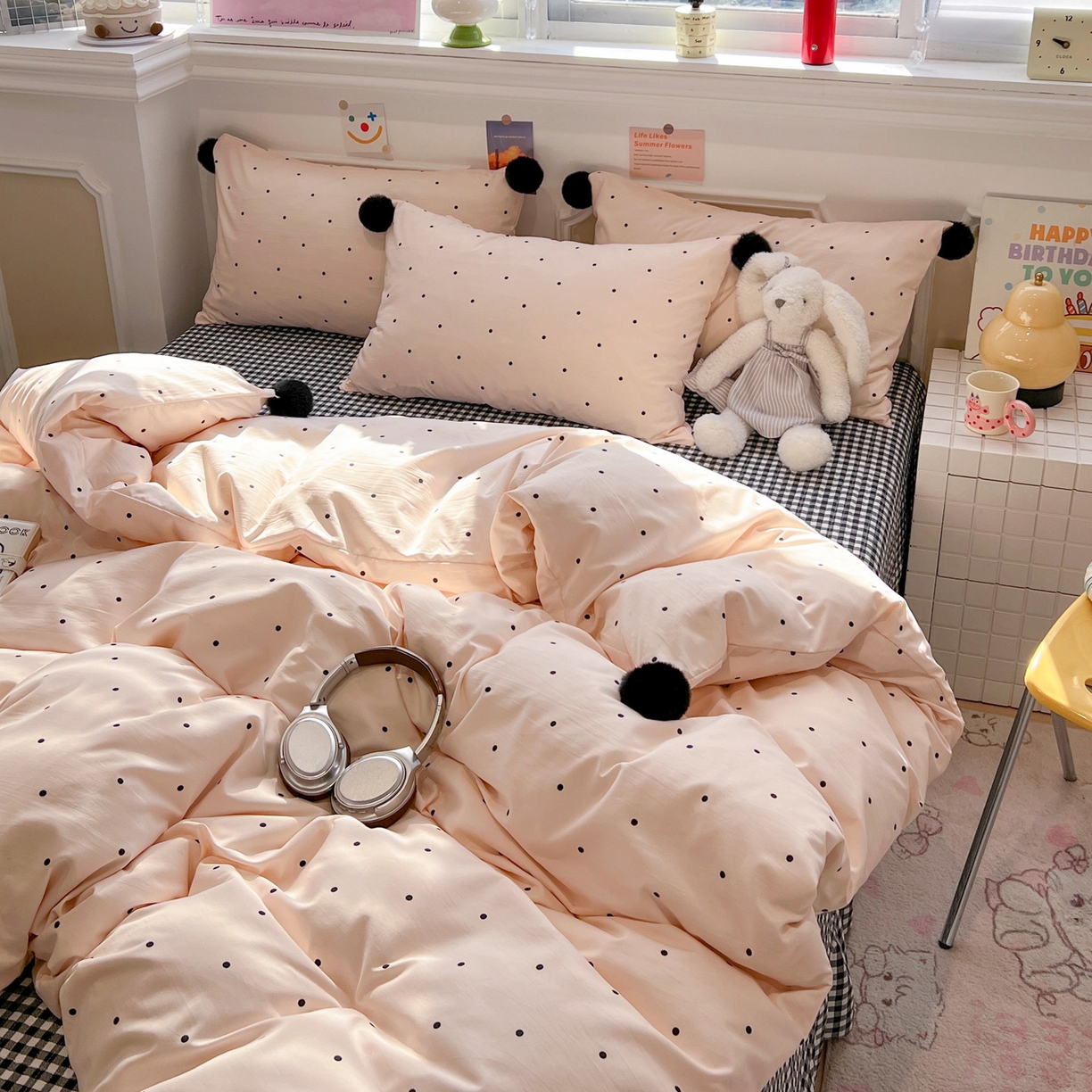 91家纺网 家纺一手货源 找家纺 （总）富米莱（原臻工厂） 2026新款水洗棉波点黑格球球绝绝子床盖床裙四裙套