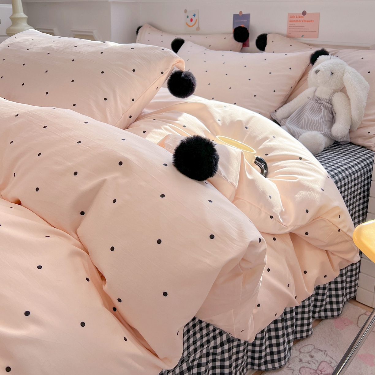 91家纺网 家纺一手货源 找家纺 富米莱（原臻工厂） 2026新款水洗棉波点黑格球球绝绝子床盖床裙四裙套 波点-粉