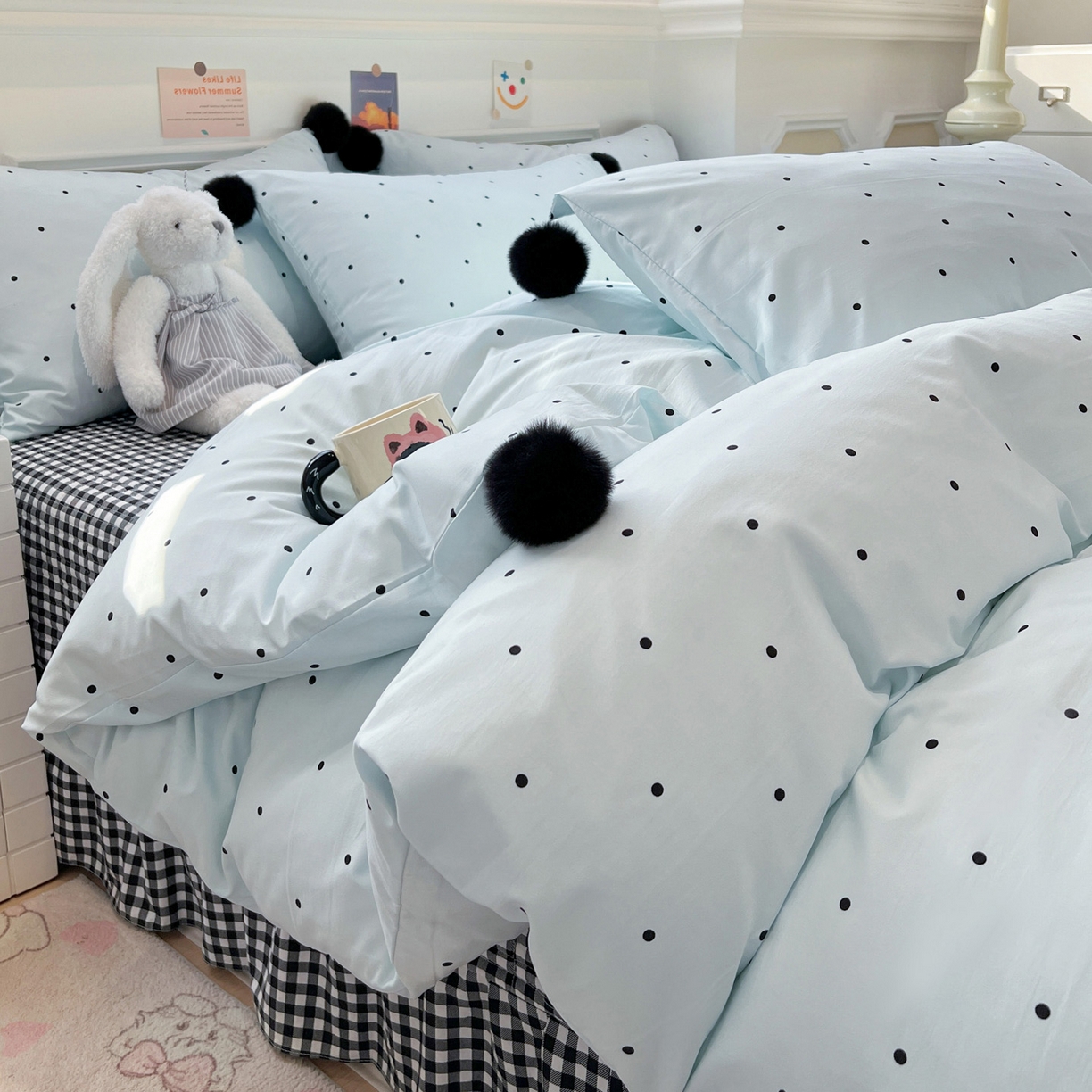 91家纺网 家纺一手货源 找家纺 富米莱（原臻工厂） 2026新款水洗棉波点黑格球球绝绝子床盖床裙四裙套 波点-蓝