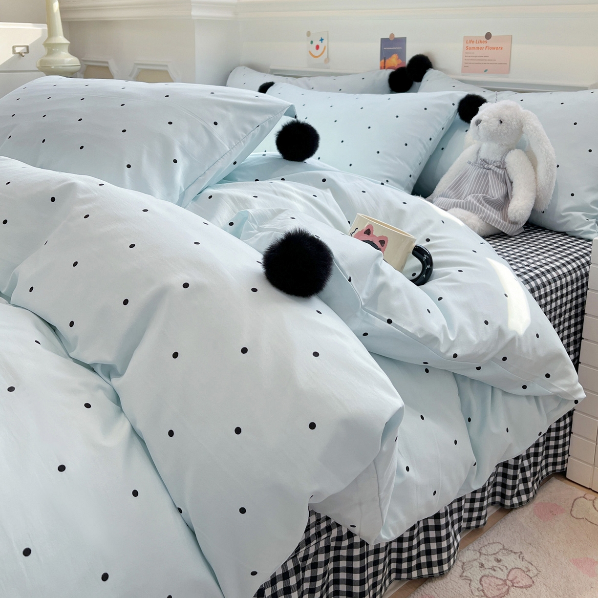 91家纺网 家纺一手货源 找家纺 富米莱（原臻工厂） 2026新款水洗棉波点黑格球球绝绝子床盖床裙四裙套 波点-蓝