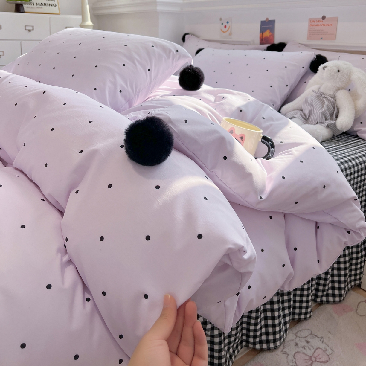 91家纺网 家纺一手货源 找家纺 富米莱（原臻工厂） 2026新款水洗棉波点黑格球球绝绝子床盖床裙四裙套 波点-紫