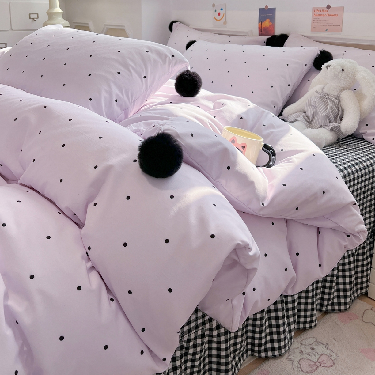 91家纺网 家纺一手货源 找家纺 富米莱（原臻工厂） 2026新款水洗棉波点黑格球球绝绝子床盖床裙四裙套 波点-紫