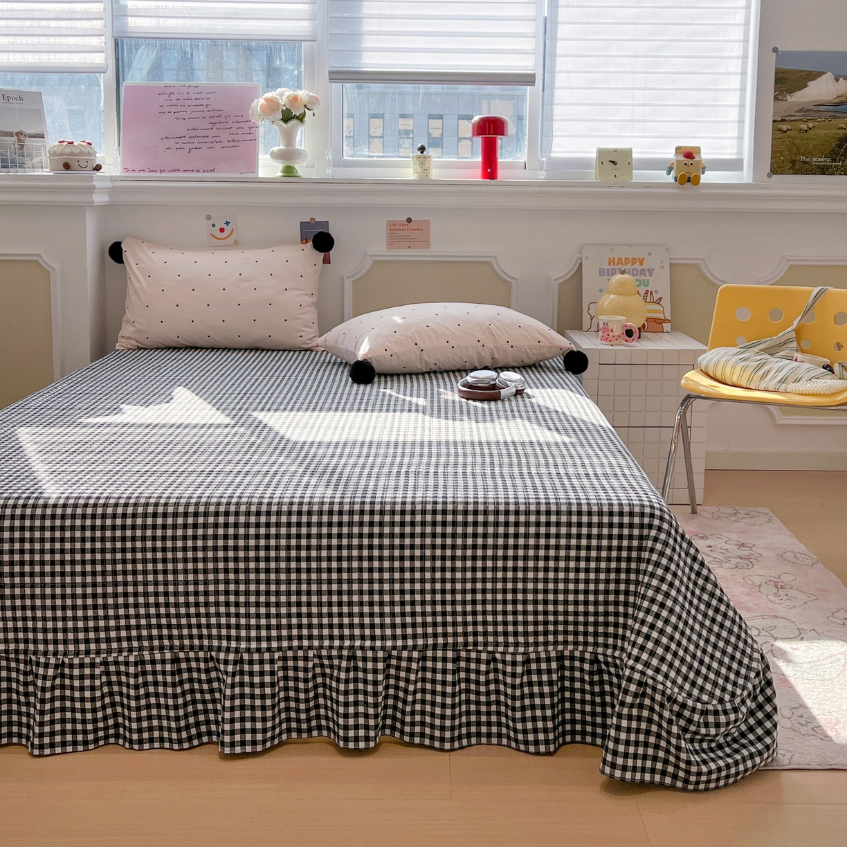 91家纺网 家纺一手货源 找家纺 （总）富米莱（原臻工厂） 2026新款水洗棉波点黑格球球绝绝子床盖床裙四裙套