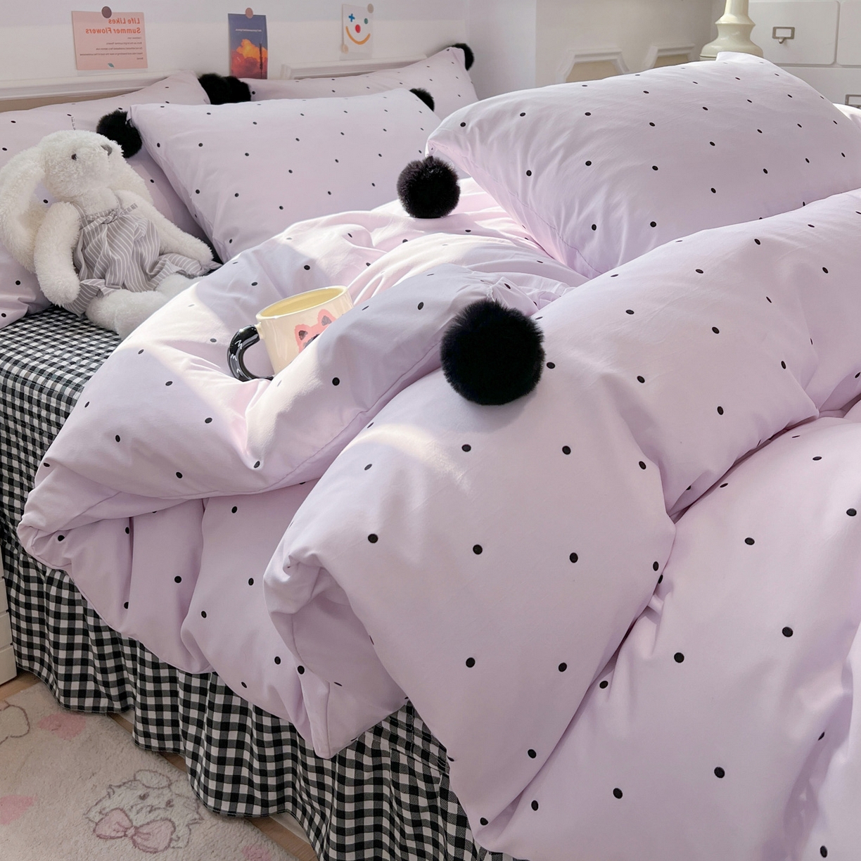 91家纺网 家纺一手货源 找家纺 富米莱（原臻工厂） 2026新款水洗棉波点黑格球球绝绝子床盖床裙四裙套 波点-紫