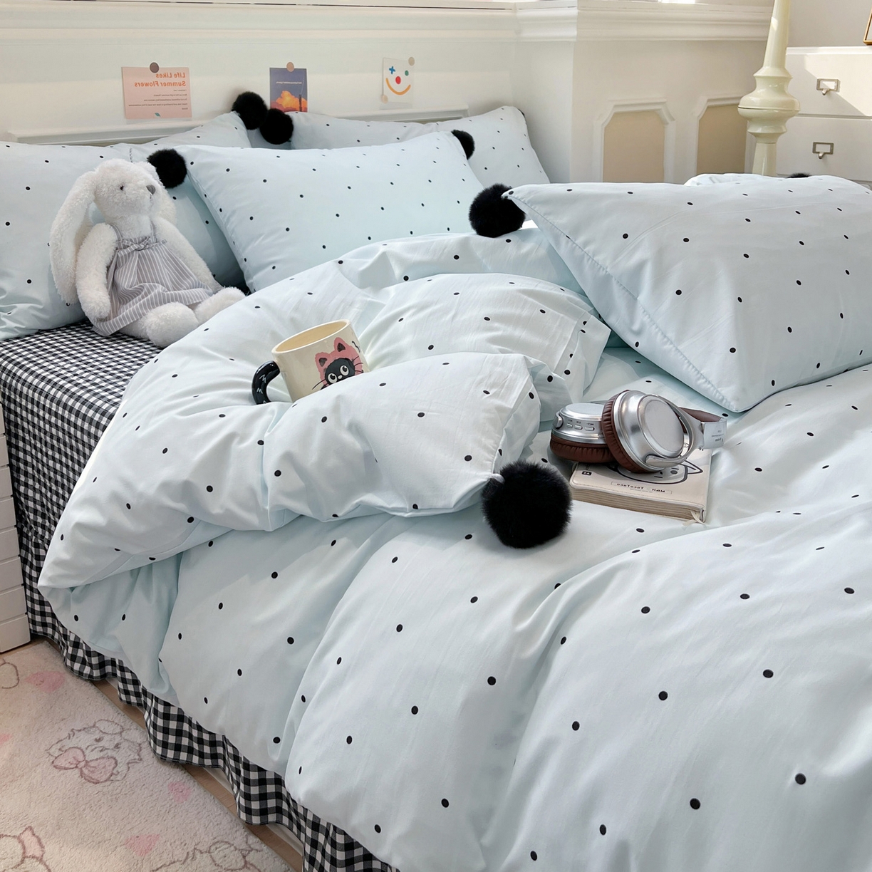 91家纺网 家纺一手货源 找家纺 富米莱（原臻工厂） 2026新款水洗棉波点黑格球球绝绝子床盖床裙四裙套 波点-蓝