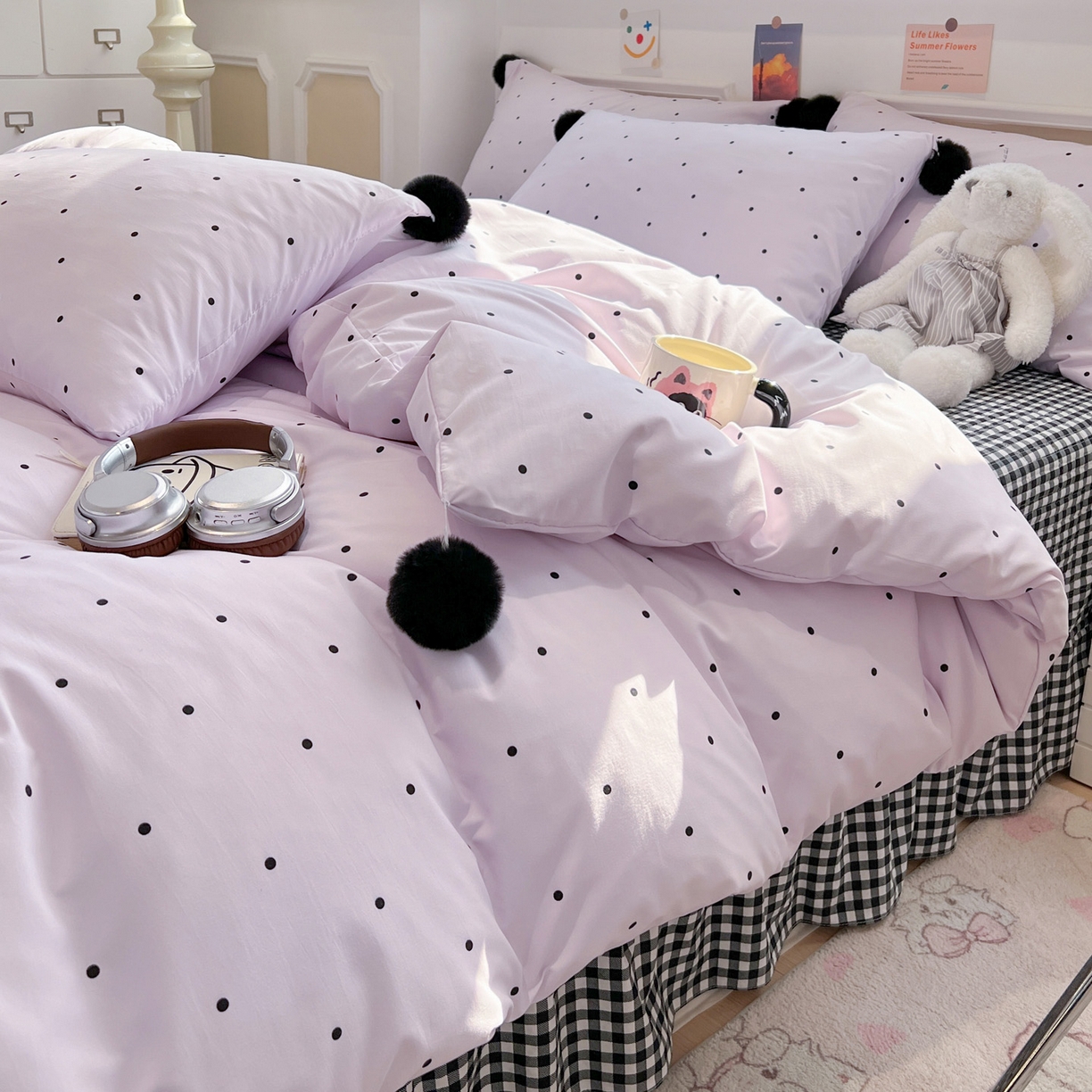 富米莱（原臻工厂） 2026新款水洗棉波点黑格球球绝绝子床盖床裙四裙套 波点-紫