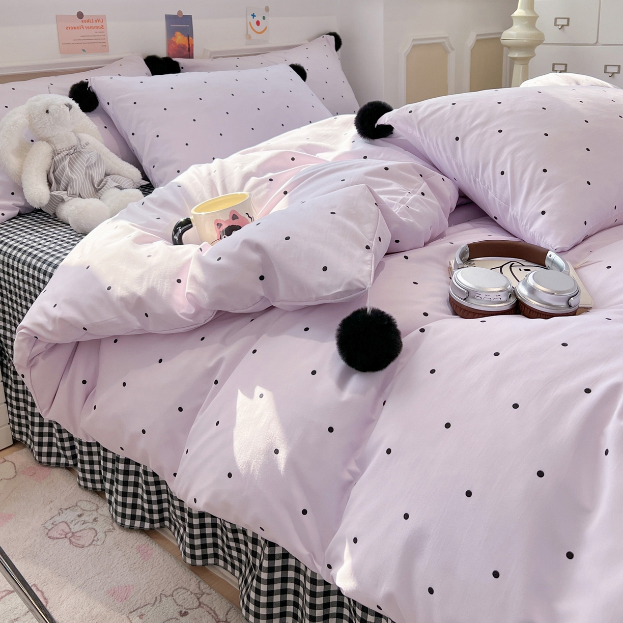 91家纺网 家纺一手货源 找家纺 富米莱（原臻工厂） 2026新款水洗棉波点黑格球球绝绝子床盖床裙四裙套 波点-紫