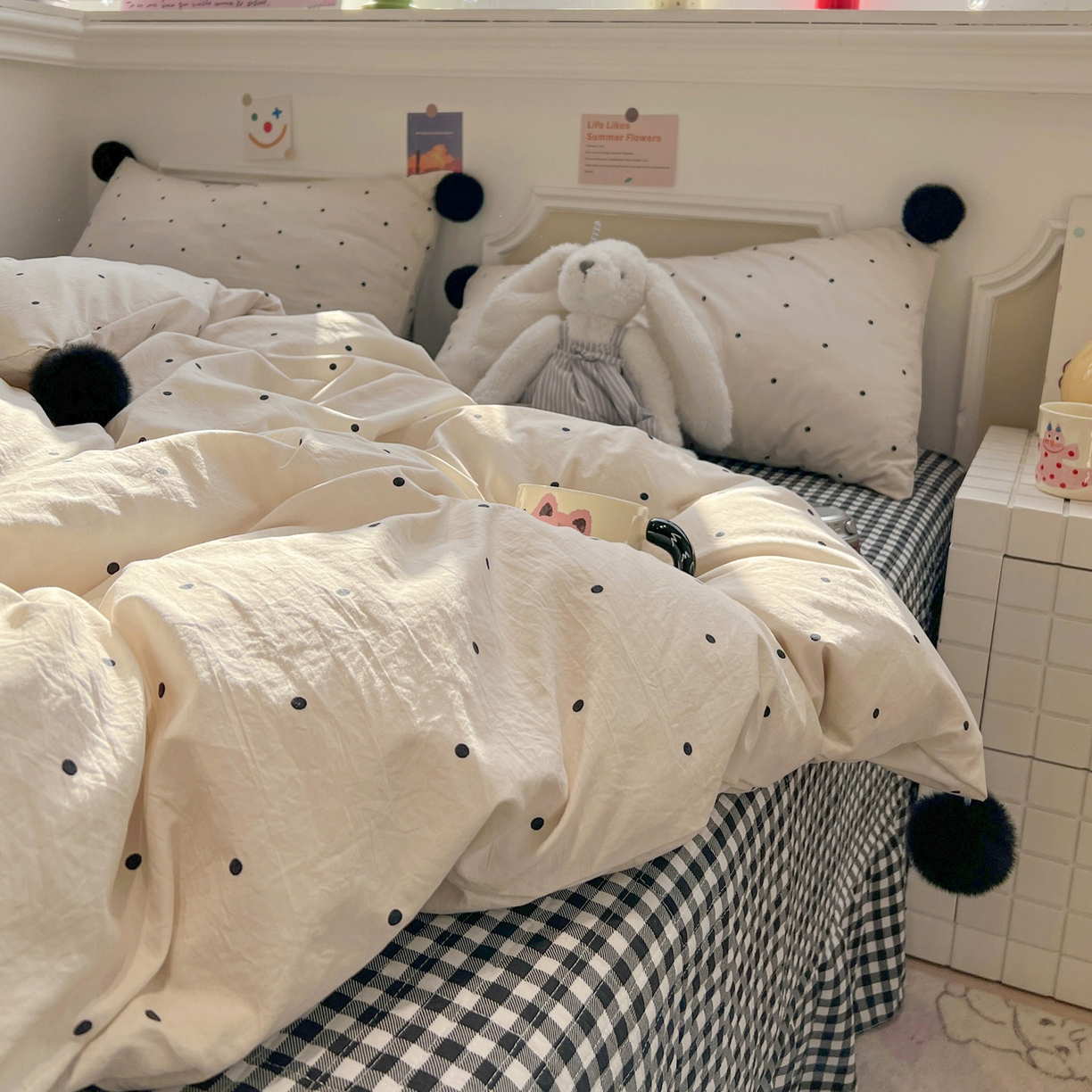 91家纺网 家纺一手货源 找家纺 富米莱（原臻工厂） 2026新款水洗棉波点黑格球球绝绝子床盖床裙四裙套 波点-米白