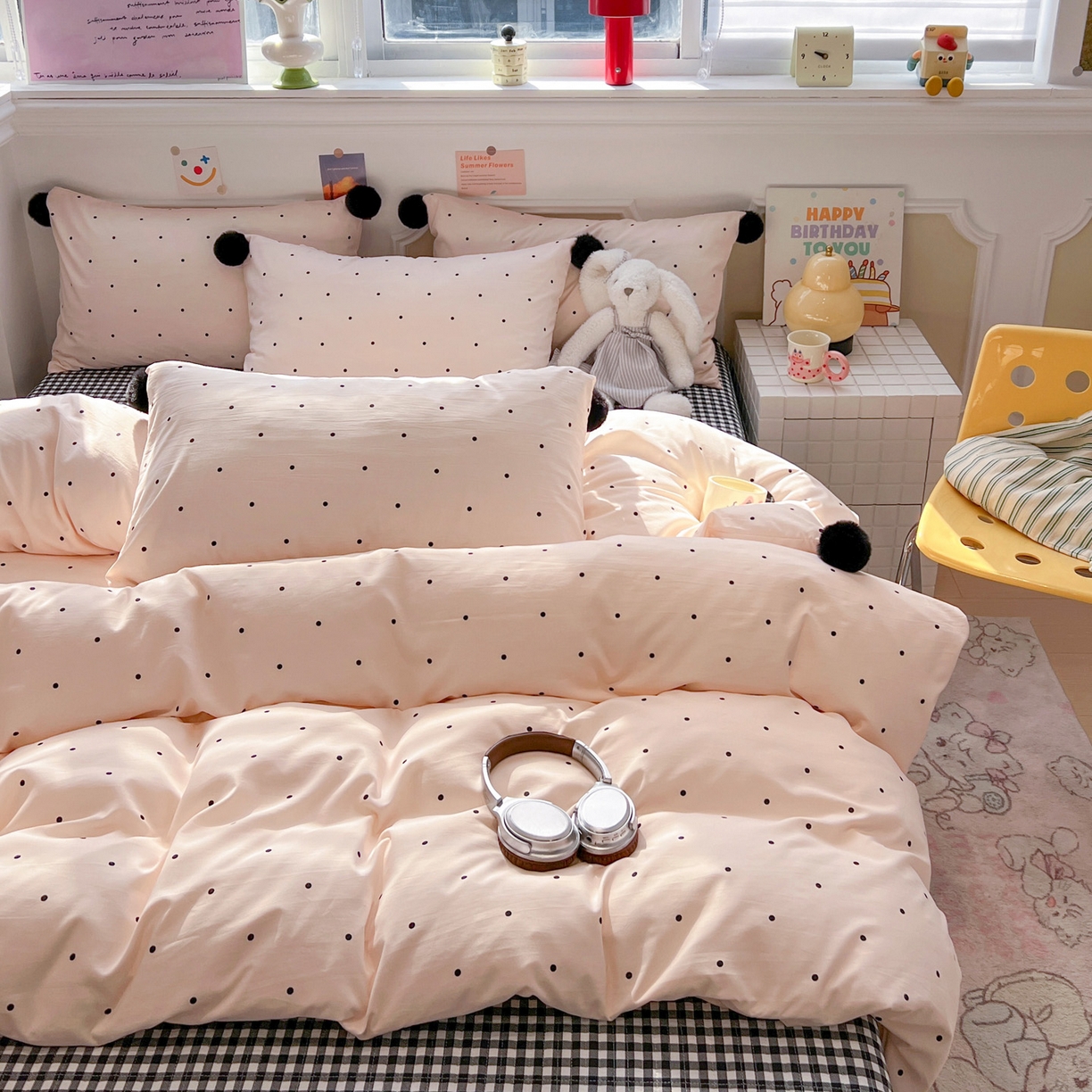 91家纺网 家纺一手货源 找家纺 富米莱（原臻工厂） 2026新款水洗棉波点黑格球球绝绝子床盖床裙四裙套 波点-粉