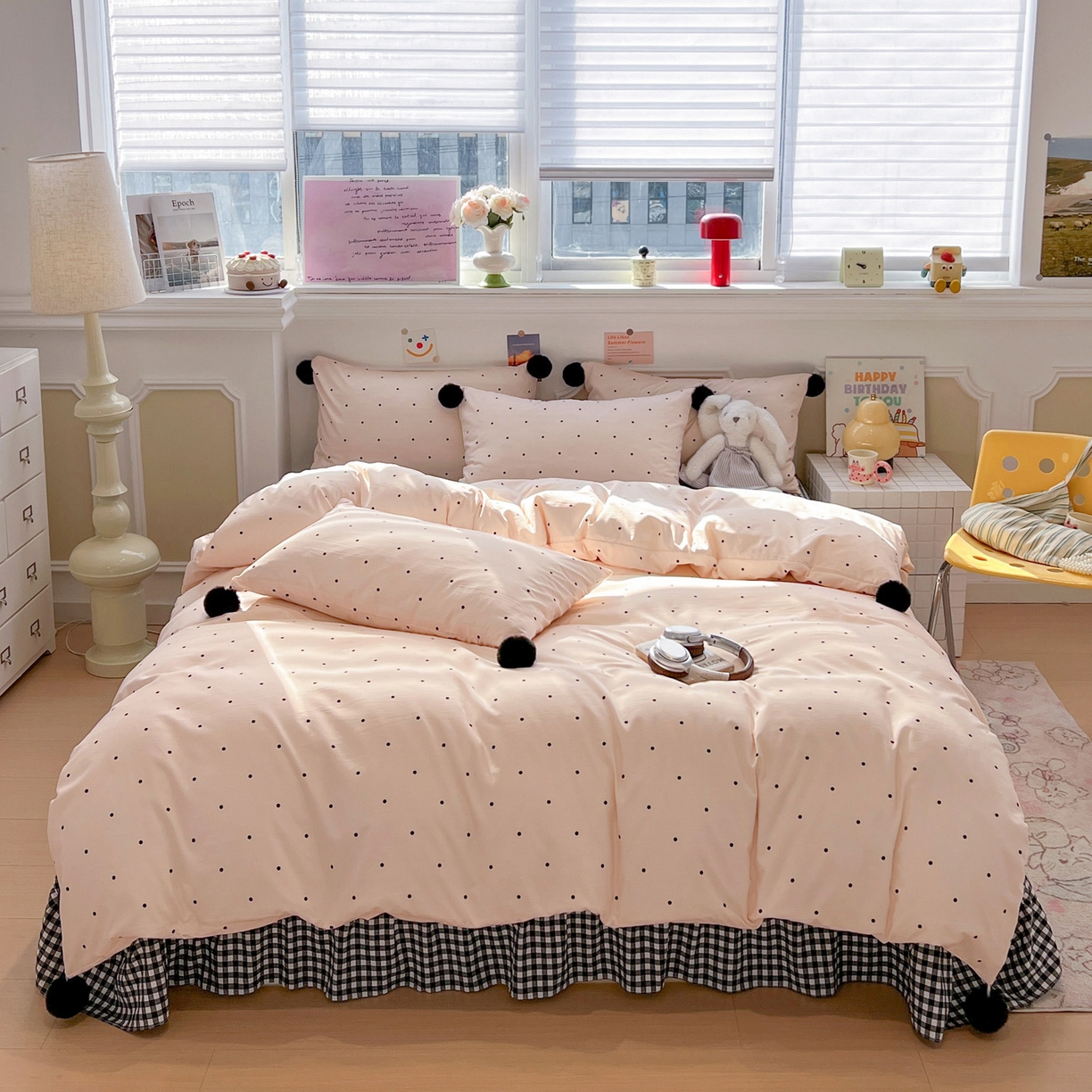 91家纺网 家纺一手货源 找家纺 富米莱（原臻工厂） 2026新款水洗棉波点黑格球球绝绝子床盖床裙四裙套 波点-粉