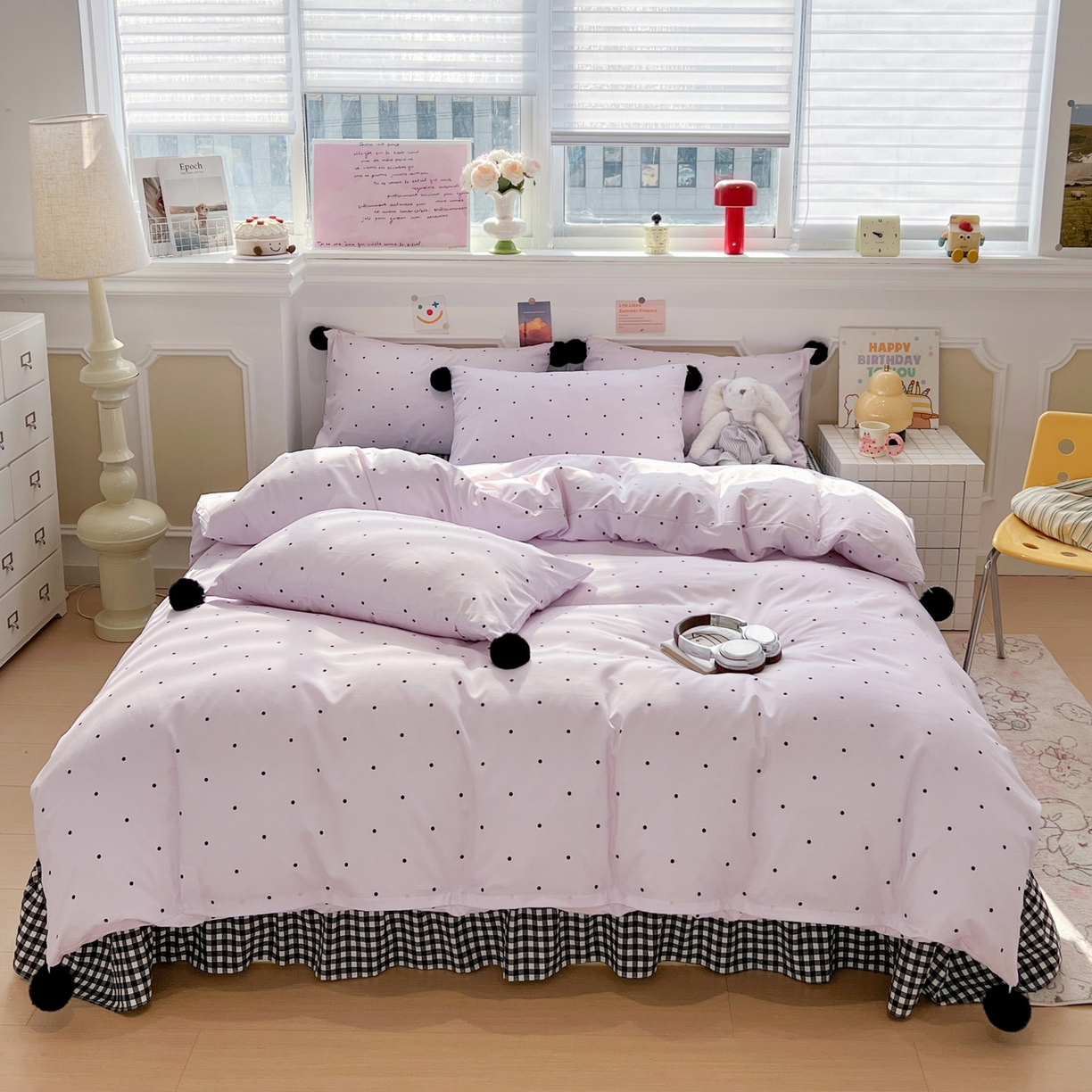91家纺网 家纺一手货源 找家纺 富米莱（原臻工厂） 2026新款水洗棉波点黑格球球绝绝子床盖床裙四裙套 波点-紫