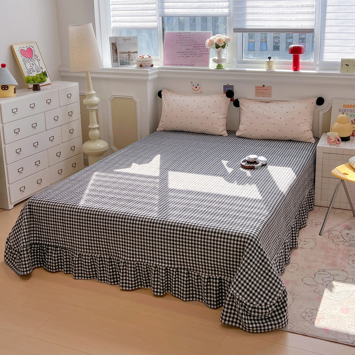 91家纺网 家纺一手货源 找家纺 （总）富米莱（原臻工厂） 2026新款水洗棉波点黑格球球绝绝子床盖床裙四裙套