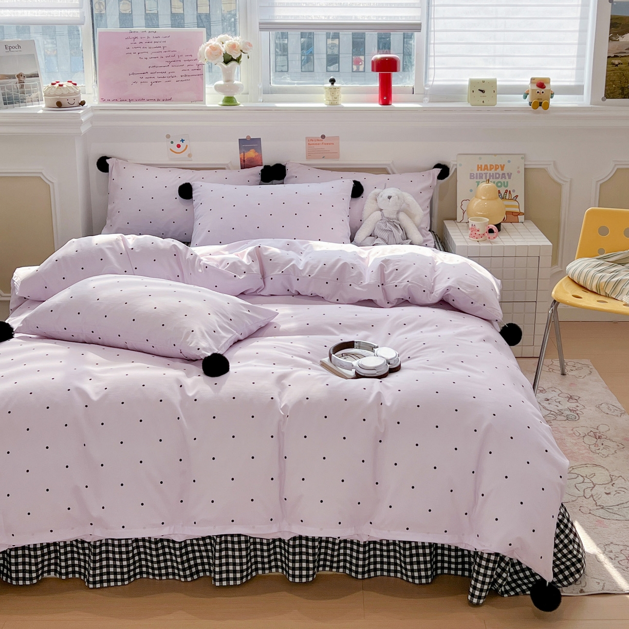 91家纺网 家纺一手货源 找家纺 富米莱（原臻工厂） 2026新款水洗棉波点黑格球球绝绝子床盖床裙四裙套 波点-紫