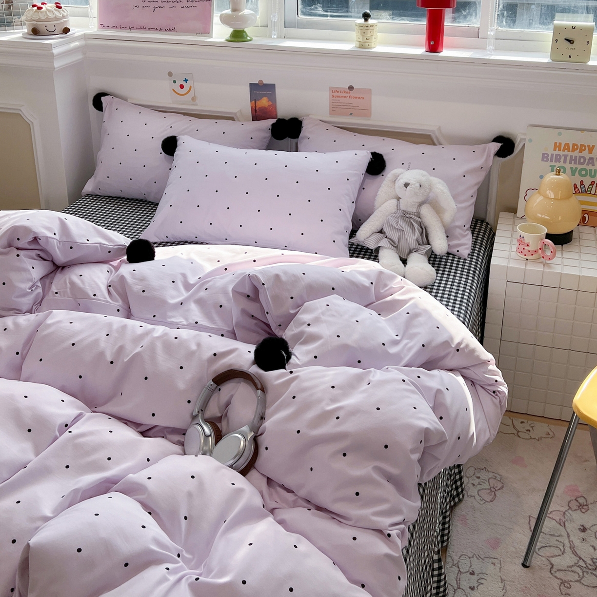 91家纺网 家纺一手货源 找家纺 富米莱（原臻工厂） 2026新款水洗棉波点黑格球球绝绝子床盖床裙四裙套 波点-紫