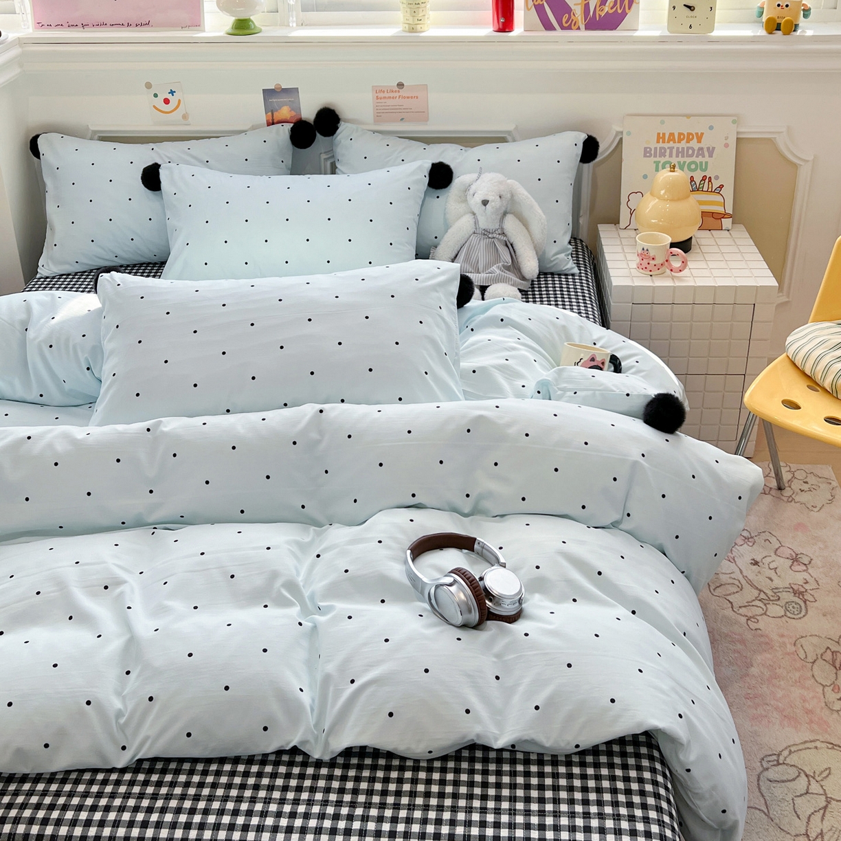 91家纺网 家纺一手货源 找家纺 富米莱（原臻工厂） 2026新款水洗棉波点黑格球球绝绝子床盖床裙四裙套 波点-蓝