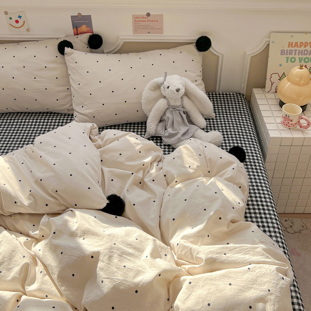 91家纺网 家纺一手货源 找家纺 富米莱（原臻工厂） 2026新款水洗棉波点黑格球球绝绝子床盖床裙四裙套 波点-米白