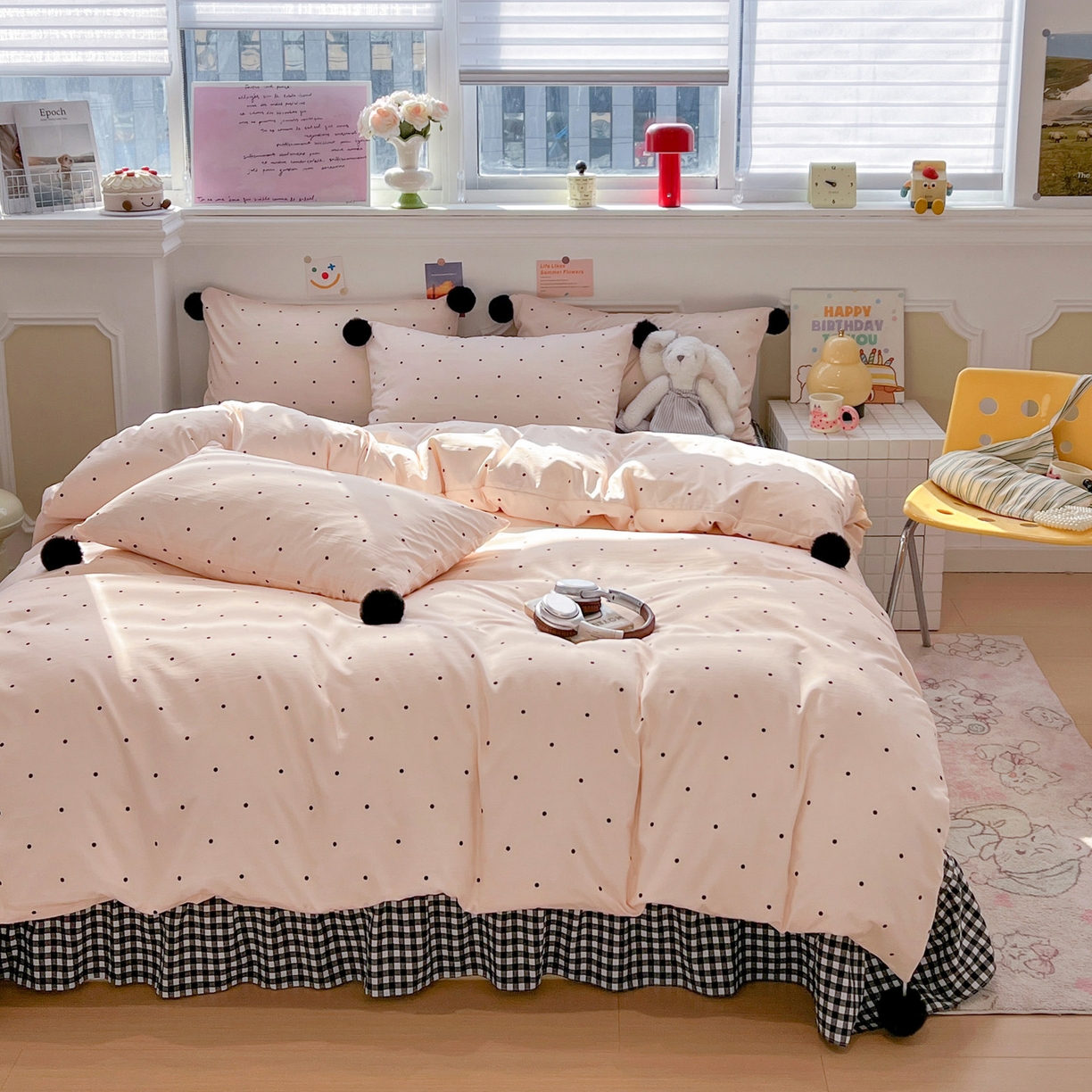 91家纺网 家纺一手货源 找家纺 富米莱（原臻工厂） 2026新款水洗棉波点黑格球球绝绝子床盖床裙四裙套 波点-粉