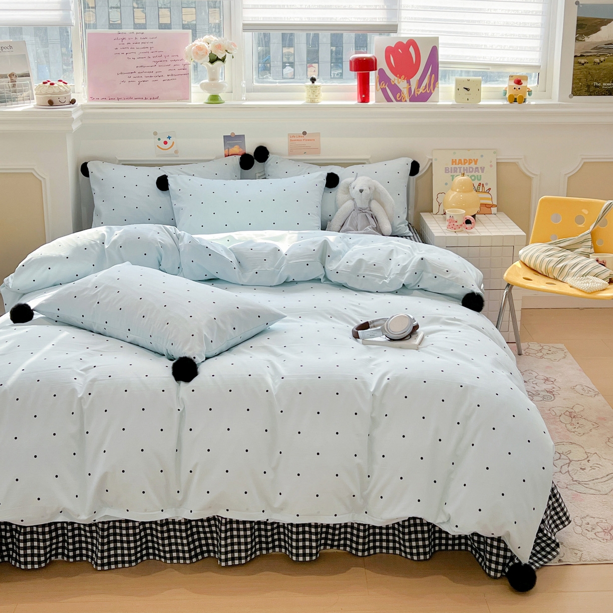 91家纺网 家纺一手货源 找家纺 富米莱（原臻工厂） 2026新款水洗棉波点黑格球球绝绝子床盖床裙四裙套 波点-蓝
