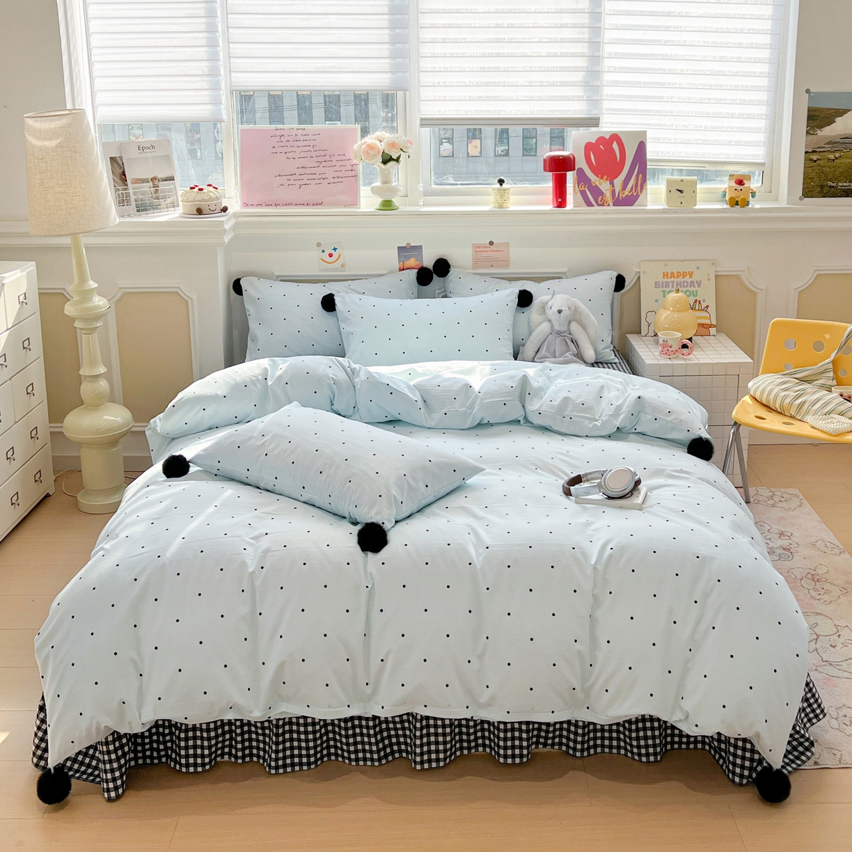 91家纺网 家纺一手货源 找家纺 富米莱（原臻工厂） 2026新款水洗棉波点黑格球球绝绝子床盖床裙四裙套 波点-蓝